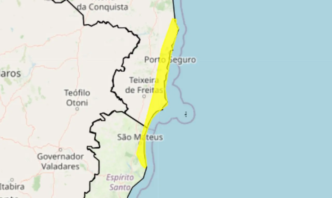 O mapa mostra as áreas em alerta para chuva intensa 